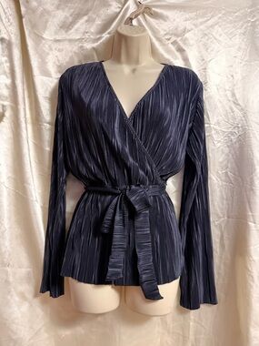 Esprit Navy Pleated Wrap Top with Tie Waist